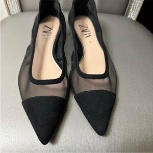 Zara Black Pointed Mesh & Suede Flats